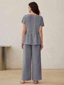Modelyn 2件組女款蝙蝠袖鈕扣襯衫與鬆緊腰直筒長褲套裝，春季/秋季 - 灰色 - 查看 2