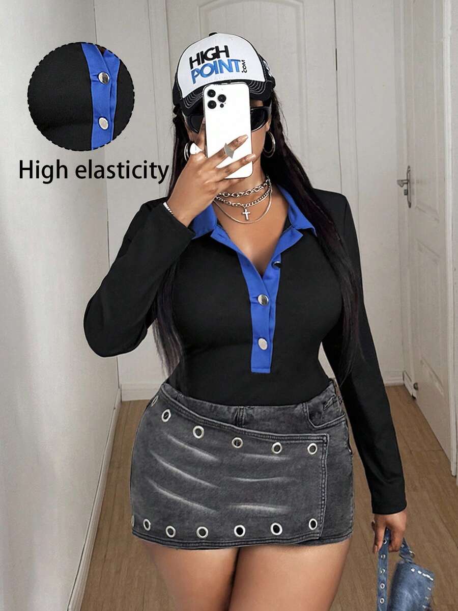 Maweii Plus Size Casual Polo Collar Half-Open Neck Long Sleeve T-Shirt With Slimming Design, Suitable For Commuting, Autumn/Winter - Black - View 1