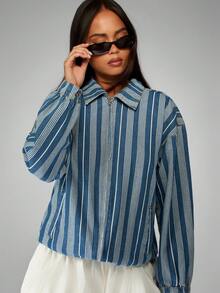 MISSGUIDED 棉质超大牛仔飞行员夹克，配有垂直条纹半拉链复古街头服饰 Y2K 时尚春秋复古外观学院风 - 淺色水洗藍 - 查看 4