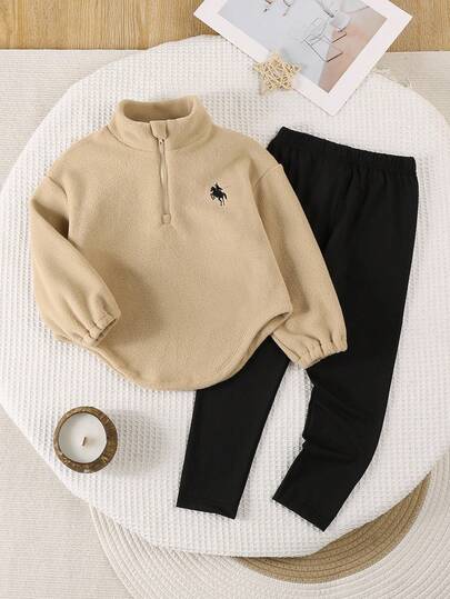 Genkimix Kids Conjunto de 2 piezas de sudadera con capucha y leggings forrados térmicamente para niñas de 4 a 7 años, estilo minimalista de ropa urbana con sudadera con cremallera y leggings de punto de unicolor, conjunto de sudadera en caqui y leggings negros para la escuela, vacaciones, viajes, deportes al aire libre, vuelta al colegio en otoño e invierno