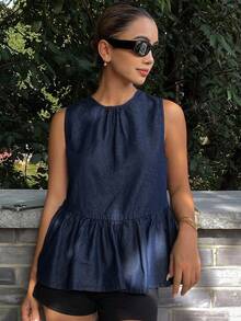DAZY 女士夏季圆领无袖荷叶边下摆系带露背休闲牛仔衬衫度假 - 深色水洗藍 - 查看 1