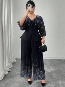 Modelyn 2pcs Plus Size Women Star Print V-Neck Top & Pants Set - Mint Blue - View 6