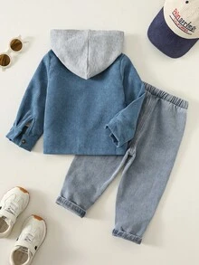 2pcs/Set Young Boy Colorblock Blue Hooded Long Sleeve Woven Shirt And Denim Jeans Pants Outfit, Spring/Summer