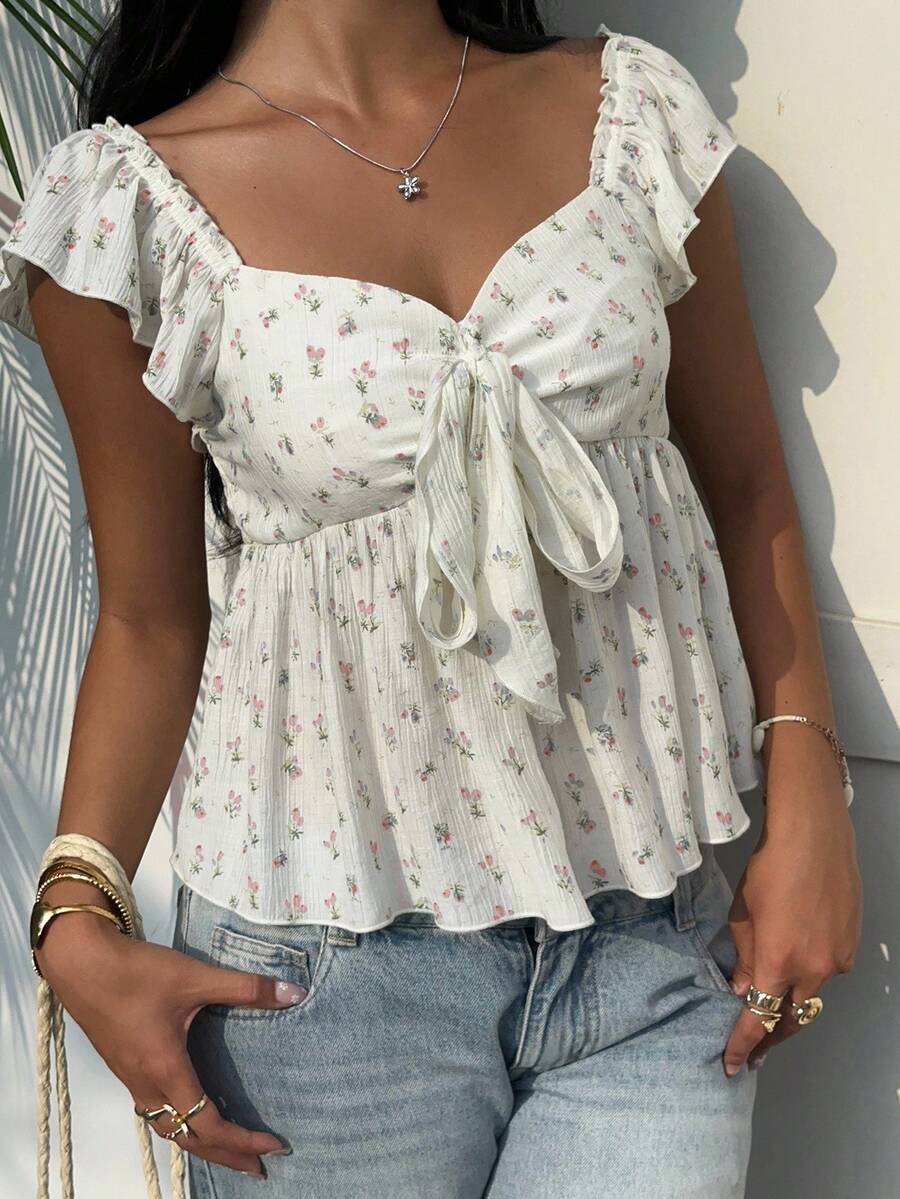 SHEIN EZwear 夏季休闲粉色花卉系带梭织女式T恤 - 粉色 - 查看 1