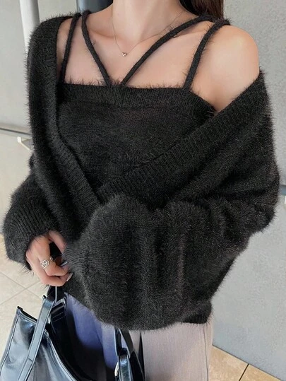 FRIFUL 女式黑色纯色衬里修身吊带背心和宽松休闲百搭针织毛衣两件套，秋季