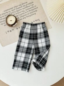 SHEIN Pantalones casuales y versátiles con estampado a cuadros y cintura elástica para bebé niña