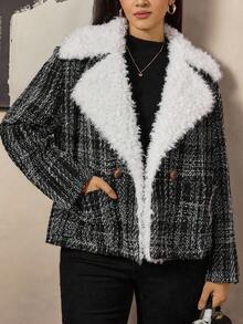 Zelara Plus Size Women Fuzzy Lapel Neck Long Sleeve Plaid Loose Casual Jacket, Autumn Winter Tweed Jacket Women Teddy Collar Tweed Jacket Plus Size Tweed Jacket Women For Women Casual Women's Winter Winter Women's Winter Jacket Going Out Tops Going Out Female Country Look Plaid Chic Women's Jacket Chic Blazer Women Autumn For Women Black Jacket Winter For Women Women's Winter Thanksgiving For Women - Black and White - View 10