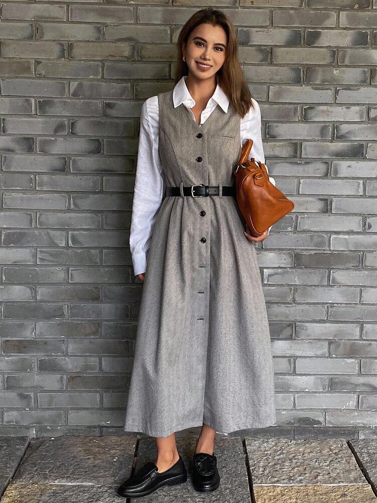 Women's Casual V-Neck Sleeveless Herringbone Dress, Autumn/Winter