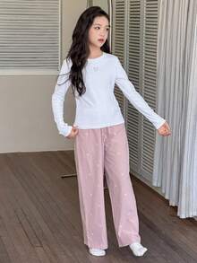 DAZY Set de pijama pentru fete preadolescente, cu imprimeu de fundă, guler rotund, mânecă lungă și pantaloni în culori contrastante - alb - Vizualizare 3