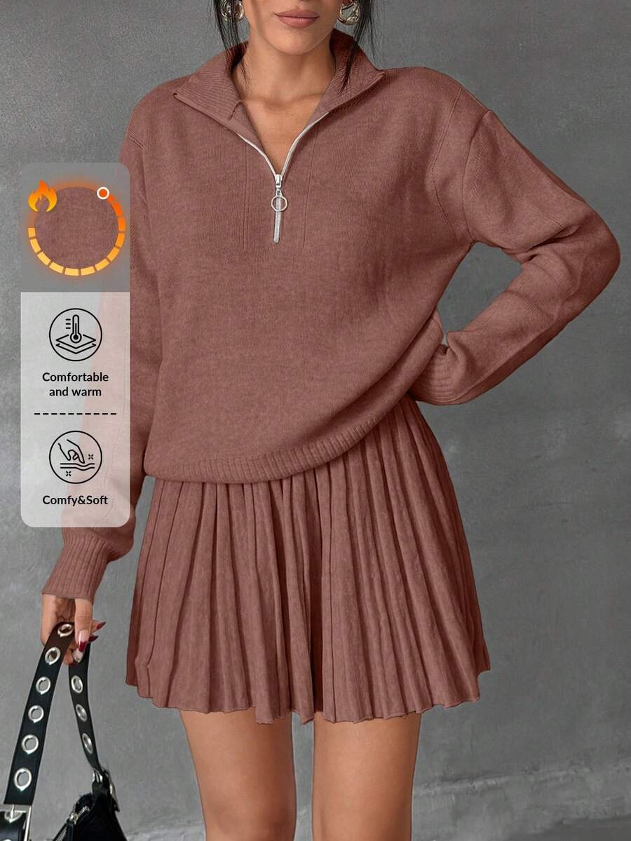 EURMUSE 女士纯色拉链领落肩套头衫和毛衣裙套装 - 藕粉色 - 查看 1
