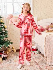 SHEIN 女童蝴蝶结条纹印花睡衣套装（翻领和长裤） - 紅色 - 查看 2