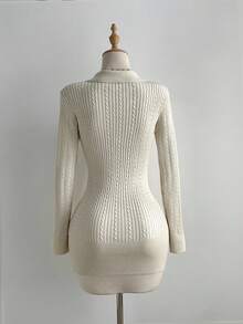 Elamini 女式休闲翻领纽扣纹理针织连衣裙 - 米色 - 查看 2