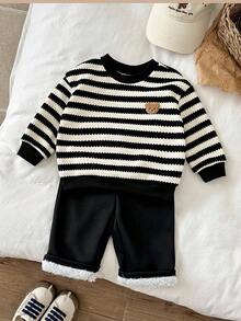 LMoss Kids 2 件套男婴条纹圆领运动衫和裤子套装，保暖内衬，加厚，秋冬 - 黑與白 - 查看 6