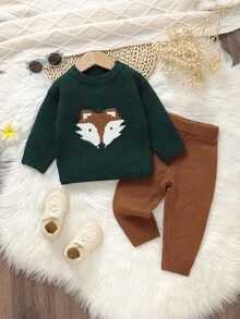 男婴卡通狐狸图案长袖毛衣和针织裤休闲套装，秋冬季男婴服装，棕色男婴套装，男婴冬季套装，森林主题婴儿服装，男婴晚秋套装