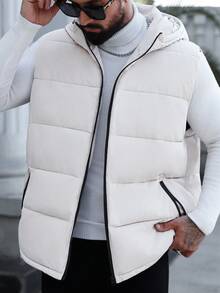 Manfinity CasualCool Plus Size Men's Solid Color Minimalist Casual Hooded Sleeveless Padded Vest, For Fall Winter