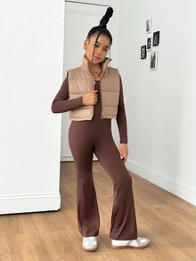 SHEIN Conjunto de chaqueta de forro polar gruesa caqui de cuello alto recortada y mono de pierna acampanada informal para niña preadolescente, adecuado para otoño/invierno, uso interior y exterior - Marrón - Ver 1