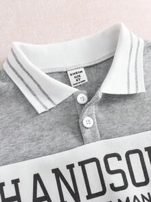 SHEIN Genkimix Kids 2pcs/Set Young Boy Casual Colorblock Letter Print Polo Collar Sweatshirt And Sweatpants, Cute & Fashionable School Style Kids Outfit 4-7 Years Old, Suitable For Photography, Party In Autumn/Winter Fall - Grey - View 5