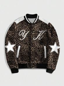 ROMWE MEN Prep Men's Leopard Print Digit Graphic Long Sleeve Fashion Baseball Jacket, Autumn - Multicolor - View 2