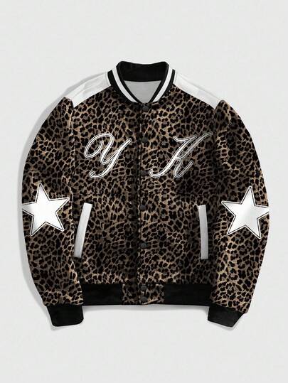 Prep Veste de baseball décontractée à manches longues avec imprimé léopard et graphique chiffré, automne