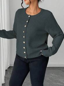 Elenzga 大码休闲纯色金色纽扣长袖开衫 - 深灰色 - 查看 5