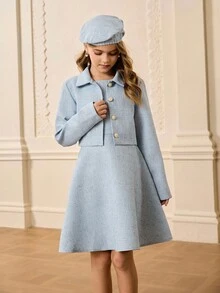 Girls Elegant Fashion Elegant Lapel Shoulder Short Jacket, Round Neck Sleeveless High Waist Short Dress, And Matching Beret Hat 3 Pieces Set, Suitable For Autumn/Winter