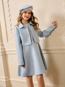 Girls Elegant Fashion Elegant Lapel Shoulder Short Jacket, Round Neck Sleeveless High Waist Short Dress, And Matching Beret Hat 3 Pieces Set, Suitable For Autumn/Winter