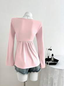 Elamini Women's Casual Twist Front V-Neck Long Sleeve T-Shirt, Versatile New Style, Spring/Autumn - Pink - View 2