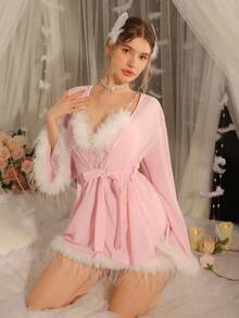 DelicateAllure Women's Sexy Mesh Patchwork Fuzzy Trim Camisole Nightgown And Robe Set Babydoll Pajama Set Lingerie Pajamas Set Cute Nightgown - Pink - View 5