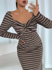 Modelyn Vestido feminino listrado de outono/inverno com zíper e manga comprida, elegante e justo, multicolorido - Multicolorido - Ver 8