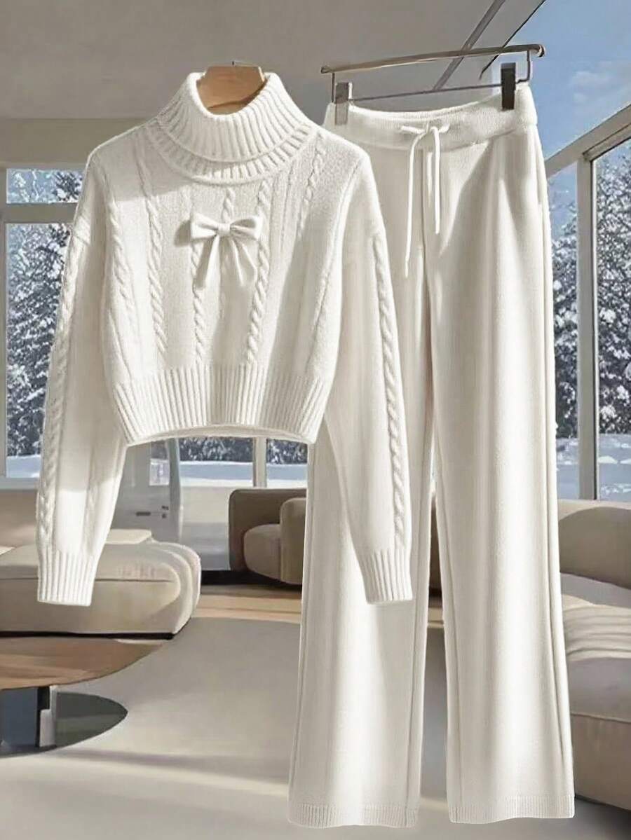 GlowEve Women's Bow Decor Turtleneck Long Sleeve Top And Drawstring Waist Pants Knit 2-Piece Set - Beige - View 1