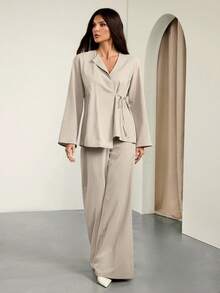 SHEIN Tall Women Autumn And Summer Elegant Leisure Vacation Commuting Office Old Money Lapel Waist Tie Loose Linen Shirt Jacket And High Waist Casual Trousers Khaki Two Pieces Suit Outfits,Graduation,Teacher Outfits For Women,Back To School, Fall Women Clothes, Old Money, Office Outfits - Khaki - View 5