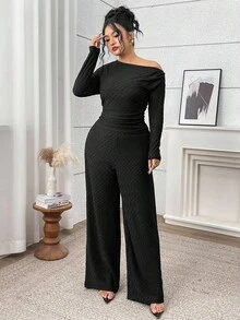 Modelyn Conjunto de 2 piezas de top con cuello asimétrico y pantalones de unicolor informal de talla grande - Negro - Ver 4