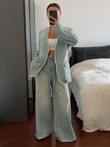 DAZY 2 Stücke Damen Denim Jacke mit V-Ausschnitt und weite gerade Hose Set, lässiger Jeans Outfit