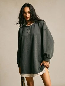 SoleilVie Váy nỉ dệt kim mềm màu trơn tương phản xanh lá cây và trắng cho nữ, phong cách cơ bản, trang phục trở lại trường, mùa đông - màu xanh lá - Xem 5