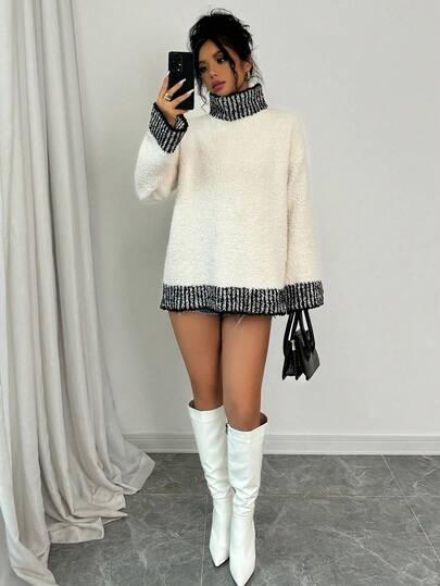 Rafferiza 优雅白色撞色长袖针织毛衣女款秋冬