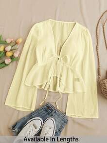 SHEIN PETITE CURVE Áo cánh tay loe, viền loe, cổ chữ V màu trơn thường ngày cỡ lớn cho kỳ nghỉ - Màu vàng - Xem 1