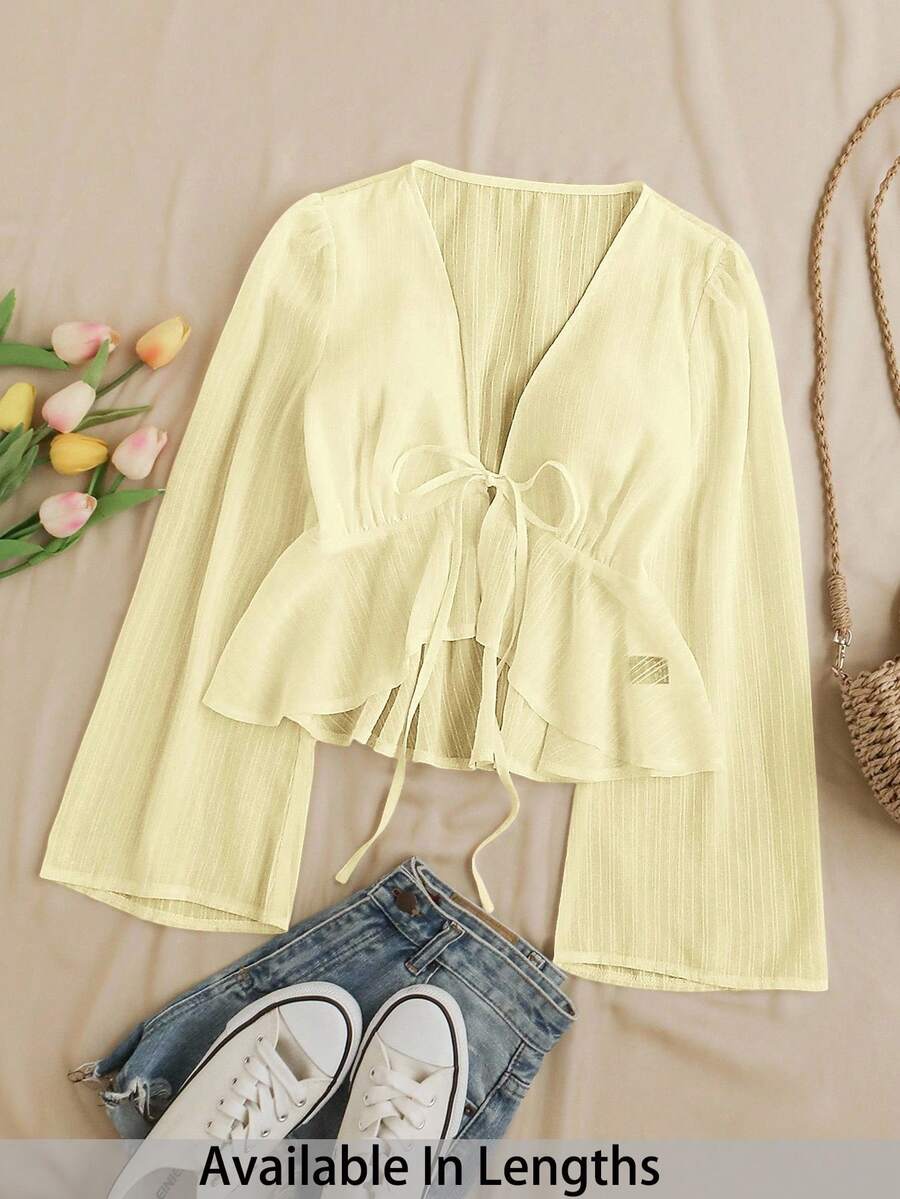 SHEIN PETITE CURVE Áo cánh tay loe, viền loe, cổ chữ V màu trơn thường ngày cỡ lớn cho kỳ nghỉ - Màu vàng - Xem 1