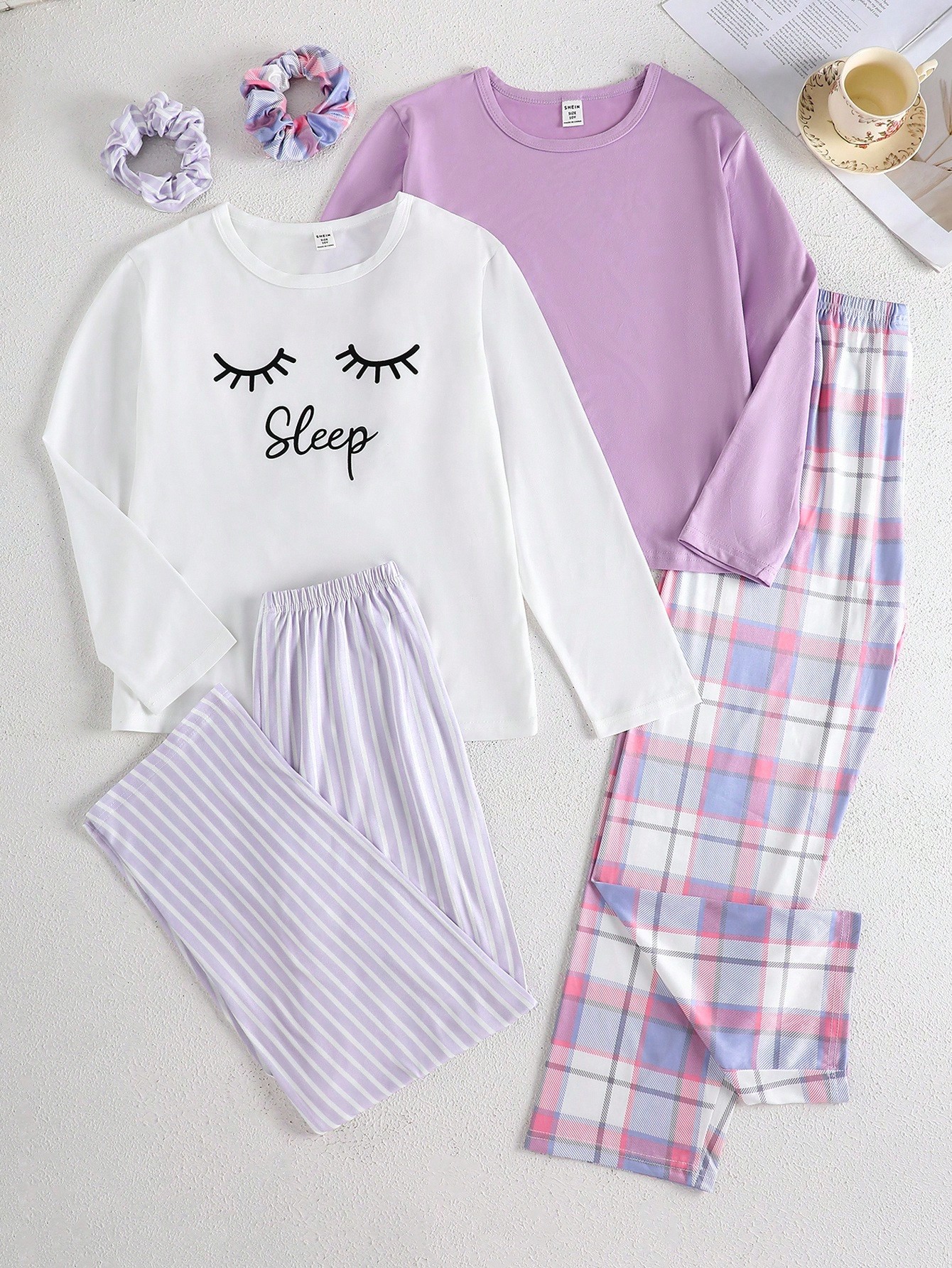 4 قطع/مجموعة ملابس علوية بنفسجية سادة + بنطلون مرب...