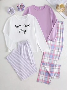 4 件套女童纯紫色上衣 + 格子裤套装，白色上衣带英文字母和睫毛印花 + 格子裤 + 发圈