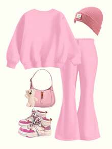 SHEIN Coelho azul de desenho animado rosa brilhante, fofo e divertido, Lulu, padrão de pontos, conjunto de moletom e calça flare casual minimalista com gola redonda grossa e manga comprida para meninas, adequado para outono/inverno, roupas de outono para, conforto fácil, camadas de outono para meninas, crianças estilosas, roupas casuais, roupas infantis estampadas, roupas de outono