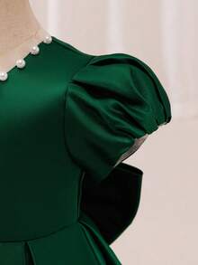 Glamorique Kids 女童绿色缎面连衣裙，短袖泡泡袖连体裙，后背手工串珠大蝴蝶结，儿童生日礼服，晚宴优雅高端公主裙 - 綠色 - 查看 5