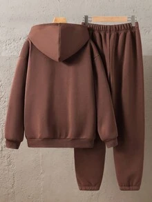 SHEIN 青少年男孩棕色寬鬆連帽衫與運動長褲2件套，返校秋季街頭風，極簡圖案休閒畢業慢跑運動套裝 - 棕色 - 查看 5