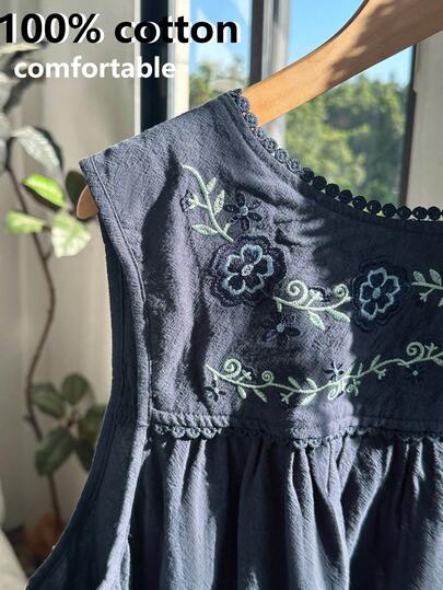 Comfortcana Navy Blue Casual Plus Size Women Dress Cotton Embroidered Dress 100% Cotton Dress Embroidered Cotton Dress Sleeveless Embroidered Dress