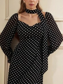 Aveloria Rosie Rochie elegantă vintage cu buline albe, cu guler pătrat și mânecă lungă, pe fundal negru, potrivită pentru naveta și ceaiul de după-amiază, farmec delicat într-o manieră blândă - Alb-negru - Vizualizare 3