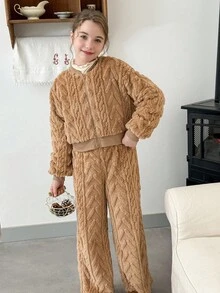 LMoss Kids LMoss  2pcs Tween Girls Solid Color Knit Fleece Casual Jacket And Pants Set Teen Girl Brown Set Tween Matching Set Knit Young Girl Warm Furry Vest Set,Christmas,Styles Confortables D'automne&Hiver,Gemütliche Herbst- & Winterstile,Cozy Fall & Winter Styles