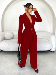 SHEIN SXY Women's Double-Breasted Solid Color Notched Collar Raglan Sleeve Fashionable Business Casual Blazer Autumn Winter - Red - View 6