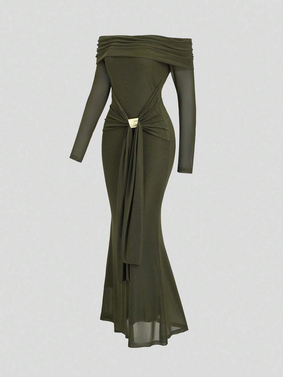 Sweetra Tall Autumn/Winter Elegant Green Mesh Off Shoulder High-End Metal Buckle Decor Fitted Mermaid Hem Long Dress For Tall Women - Army Green - View 1