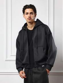 SUMWON Klassisk huvtröja med dragkedja och dragsko i sidorna Boxig passform Hel dragkedja fram Vardagskläder Objekt för vardagsbruk Grundläggande vinterplagg - Svart - Visa 2