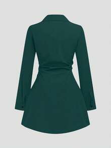 SHEIN MOOSTA Rochie tip cămașă cu mânecă lungă, talie înaltă, mărime plus - Verde inchis - Vizualizare 3