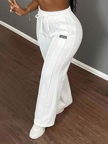 Slaydiva 女士休闲日常通勤运动字母抽绳腰部前缝宽松阔腿裤 - 白色 - 查看 4
